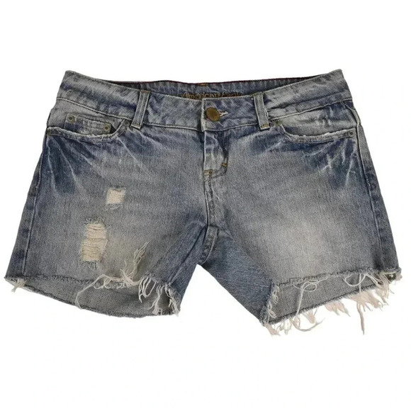 Vintage Y2K American Eagle Jean Shorts Blue Distressed Raw Low Rise Size 4 - Picture 1 of 9